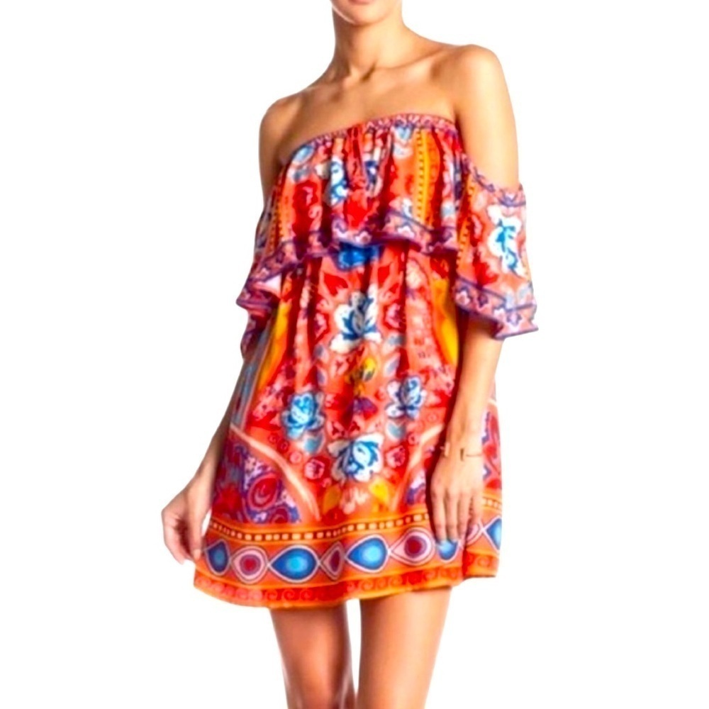 Flying Tomato Strapless Floral Boho Dress in Orange, Red, Blue